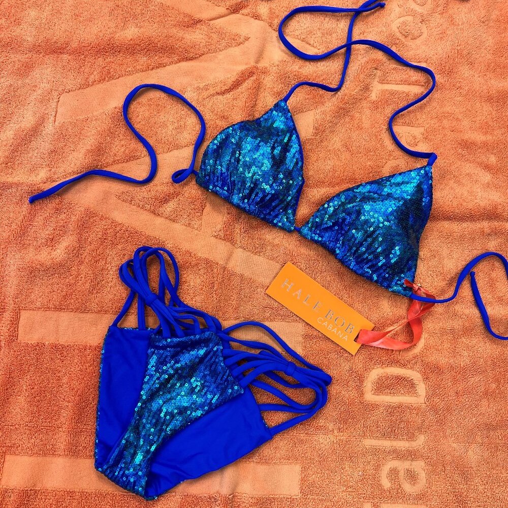 Hale Bob Cabana Bikini Set Swimsuit Blue Sequined